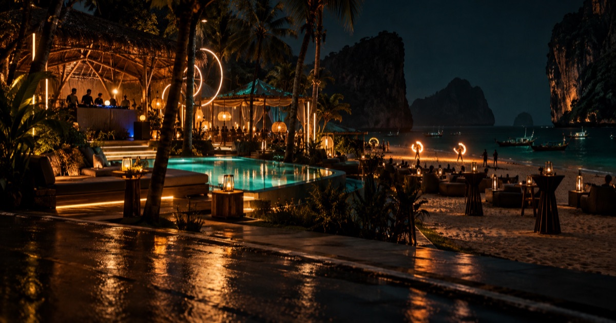 甲米 Bamboo Beach Club:早上八點開到凌晨兩點的奧南海灘俱樂部,火舞和跨年煙火都在沙灘上(2026)