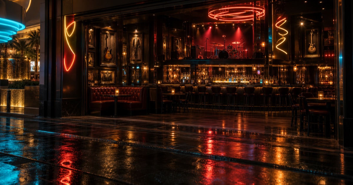 克拉克 Hard Rock Cafe Clark:舞台架在吧台正上方,Hann 賭場度假村裡的搖滾餐酒吧(2026)